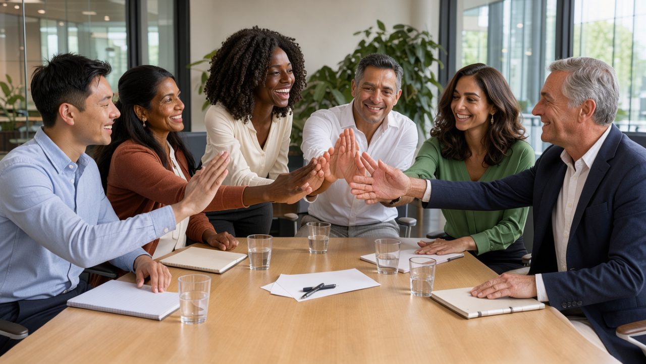 Une équipe diverse de femmes et d’hommes célèbre une réussite collective dans un bureau lumineux, moderne et élégant.