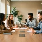 Équipe diverse composée de deux femmes et deux hommes réunie autour d’une table dans un bureau moderne lumineux, dans une ambiance collaborative.