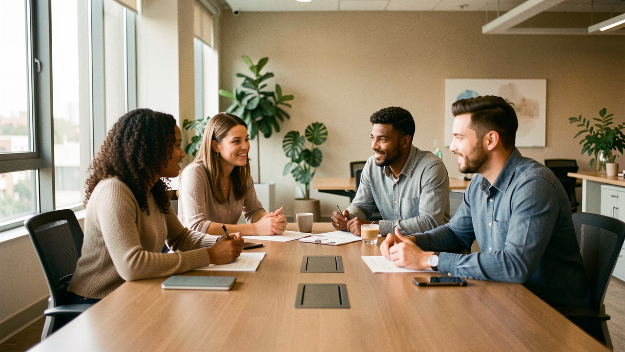 Équipe diverse composée de deux femmes et deux hommes réunie autour d’une table dans un bureau moderne lumineux, dans une ambiance collaborative.