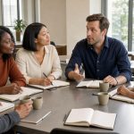 Une équipe diverse composée de femmes et d’hommes échange autour d’une table dans un bureau moderne, lumineux et accueillant.