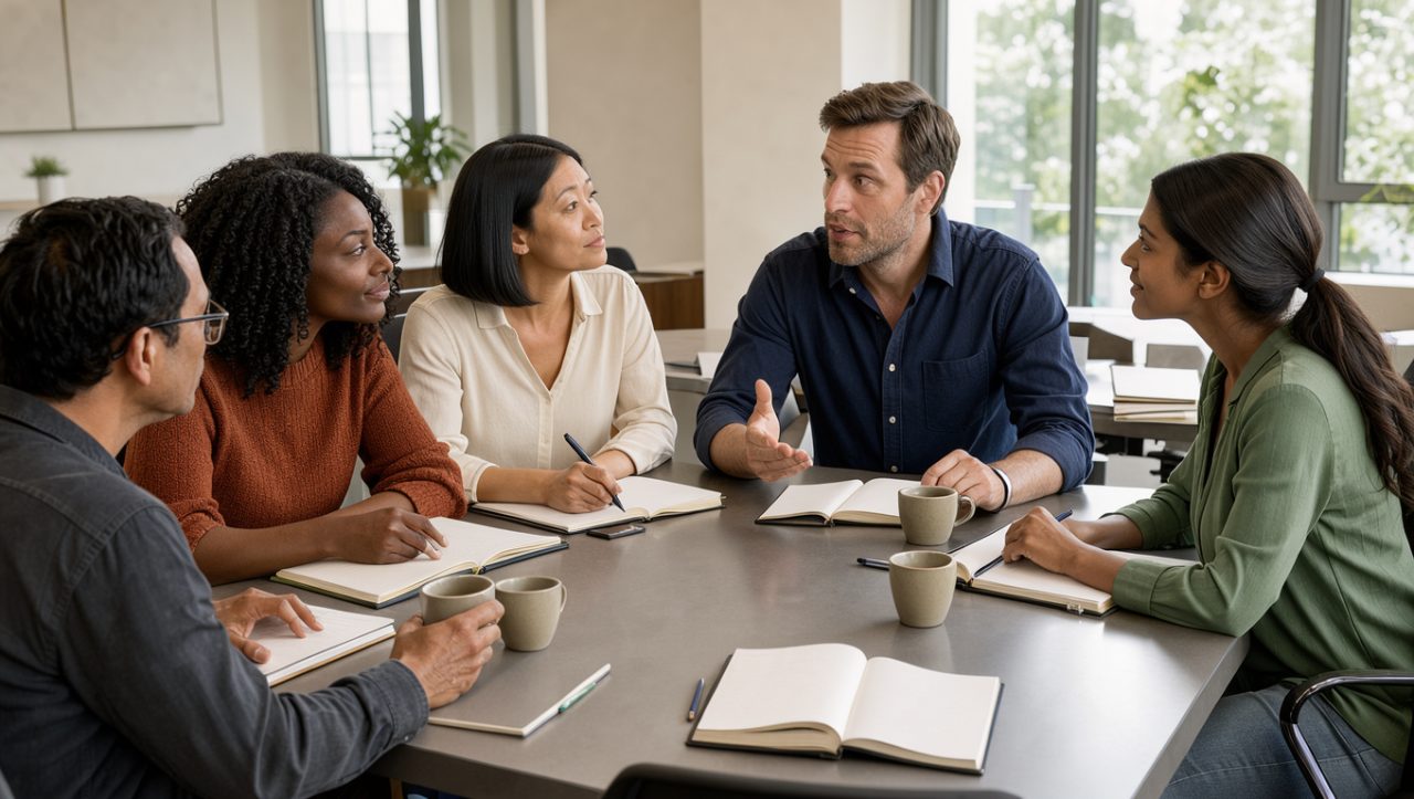 Une équipe diverse composée de femmes et d’hommes échange autour d’une table dans un bureau moderne, lumineux et accueillant.