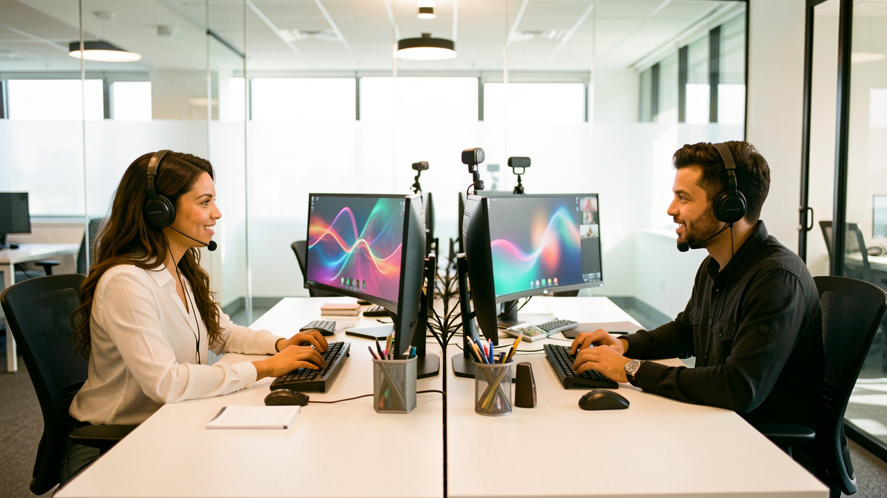 Une femme et un homme collaborent dans un bureau moderne et lumineux, entourés d’écrans, de casques et d’accessoires informatiques.