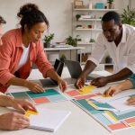 Équipe marketing composée de deux femmes et deux hommes réunie autour d’une table avec des ordinateurs, des supports de planification vierges et des échantillons de couleurs.