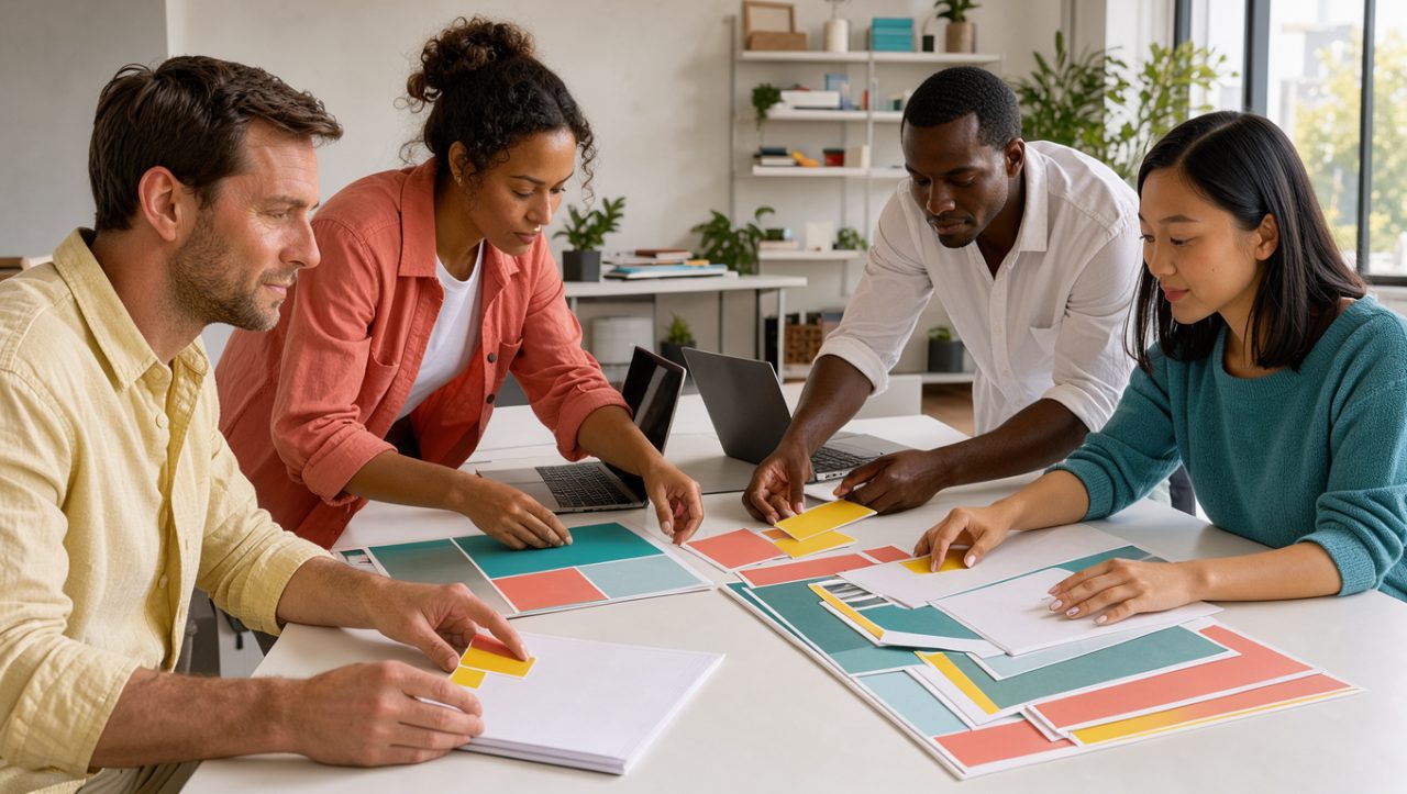 Équipe marketing composée de deux femmes et deux hommes réunie autour d’une table avec des ordinateurs, des supports de planification vierges et des échantillons de couleurs.