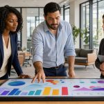 Une équipe des ressources humaines composée de deux femmes et d’un homme en réunion devant un tableau de bord numérique dans un bureau moderne et lumineux.