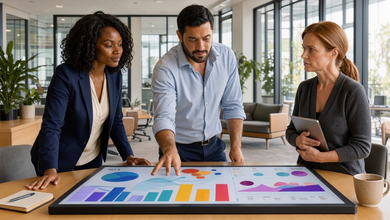 Une équipe des ressources humaines composée de deux femmes et d’un homme en réunion devant un tableau de bord numérique dans un bureau moderne et lumineux.