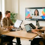 Équipe composée de deux femmes et d’un homme collaborant dans un bureau moderne équipé d’écrans, de visioconférence et d’accessoires ergonomiques.