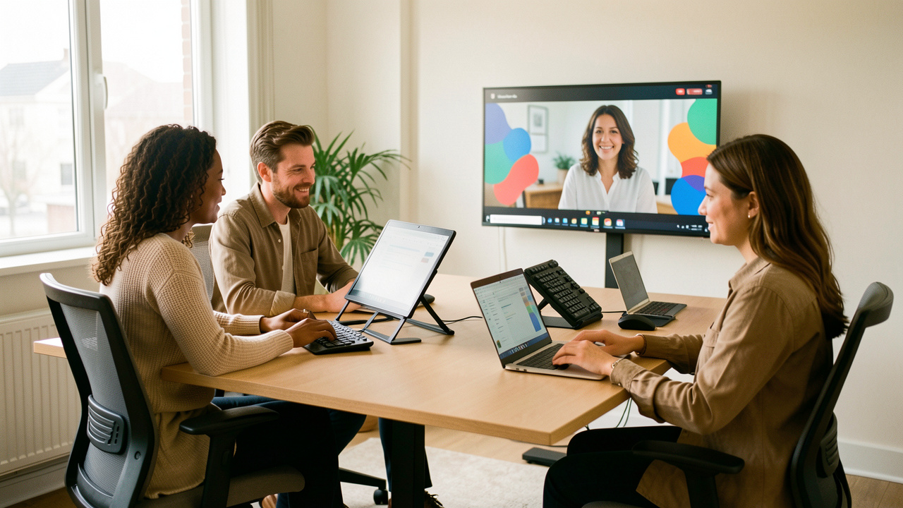 Équipe composée de deux femmes et d’un homme collaborant dans un bureau moderne équipé d’écrans, de visioconférence et d’accessoires ergonomiques.