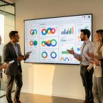 Deux femmes et deux hommes des équipes marketing et commerciale collaborent devant un tableau de bord B2B moderne affichant des graphiques abstraits.