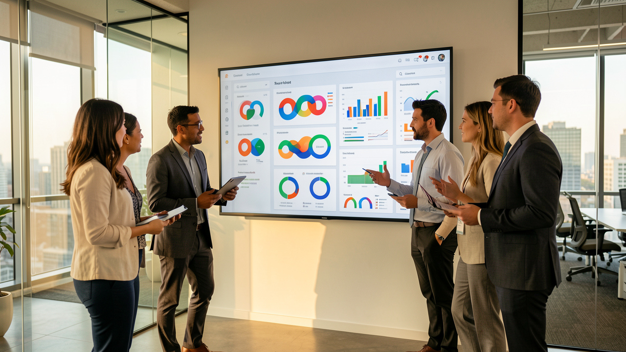 Deux femmes et deux hommes des équipes marketing et commerciale collaborent devant un tableau de bord B2B moderne affichant des graphiques abstraits.