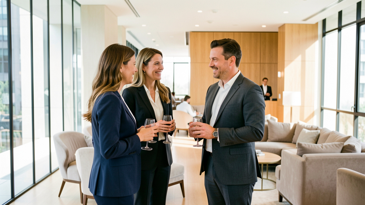 Deux femmes et deux hommes échangent dans un espace professionnel moderne, élégant et lumineux.