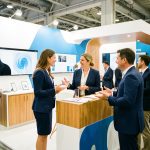 Stand professionnel lumineux dans un salon, où une équipe en tenue coordonnée échange avec des visiteurs autour de supports visuels harmonisés.