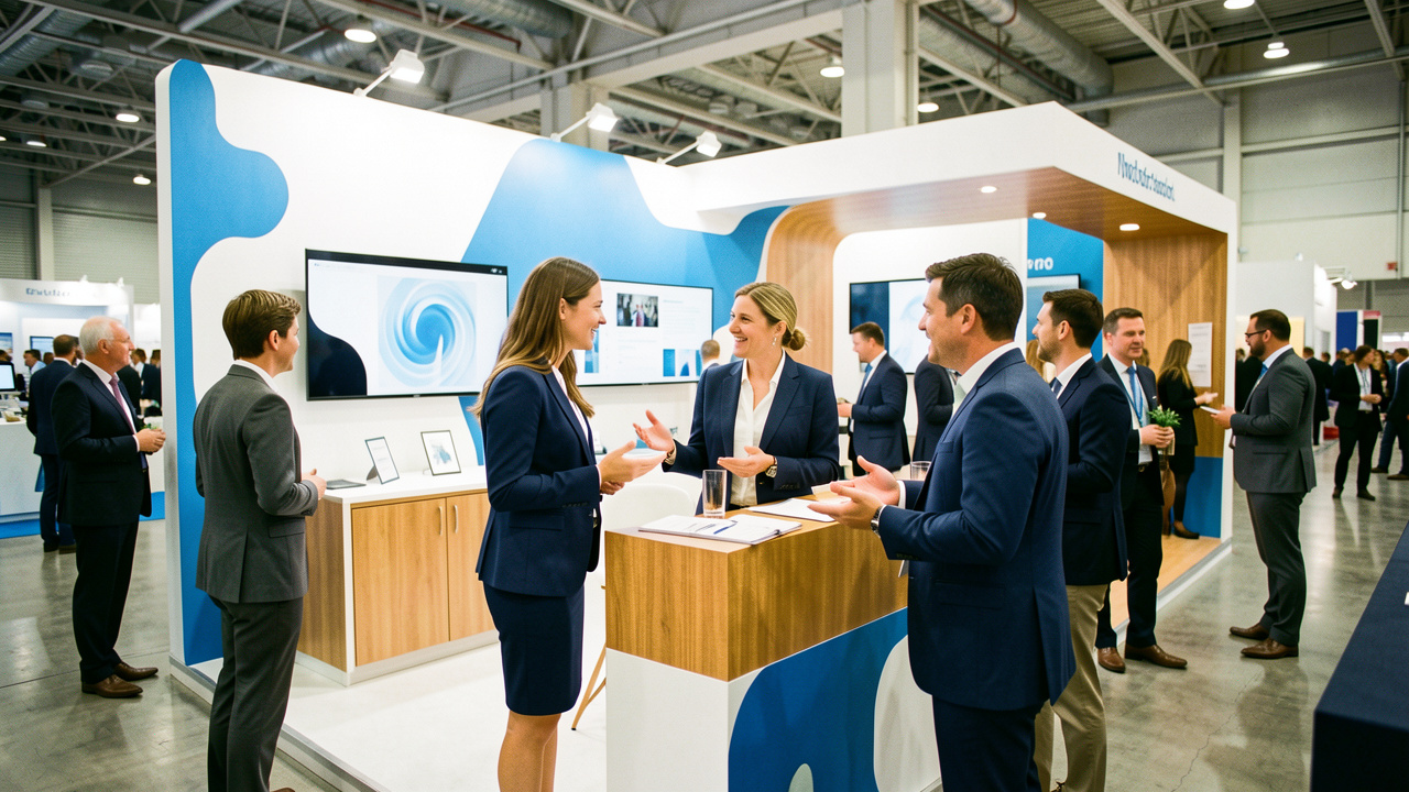 Stand professionnel lumineux dans un salon, où une équipe en tenue coordonnée échange avec des visiteurs autour de supports visuels harmonisés.