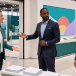 Stand professionnel moderne et lumineux avec supports visuels, brochures vierges, écran abstrait et trois membres d’équipe accueillant des visiteurs.