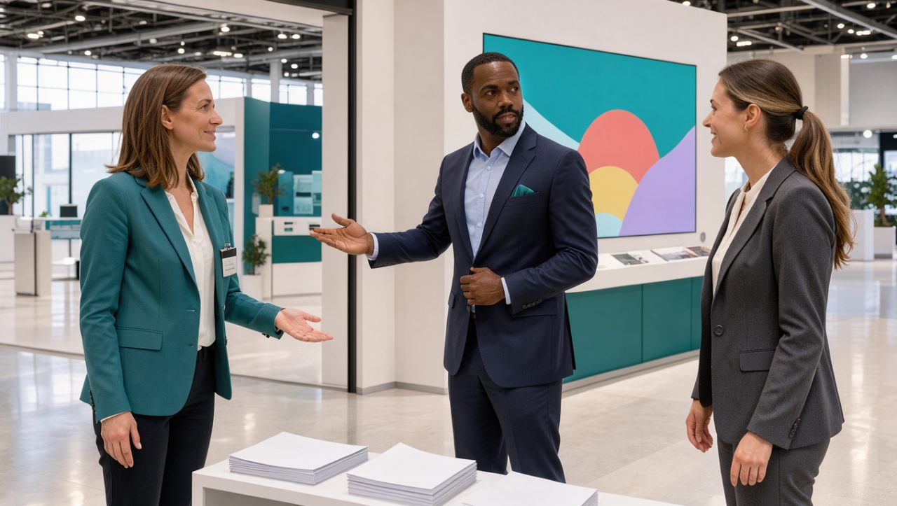Stand professionnel moderne et lumineux avec supports visuels, brochures vierges, écran abstrait et trois membres d’équipe accueillant des visiteurs.